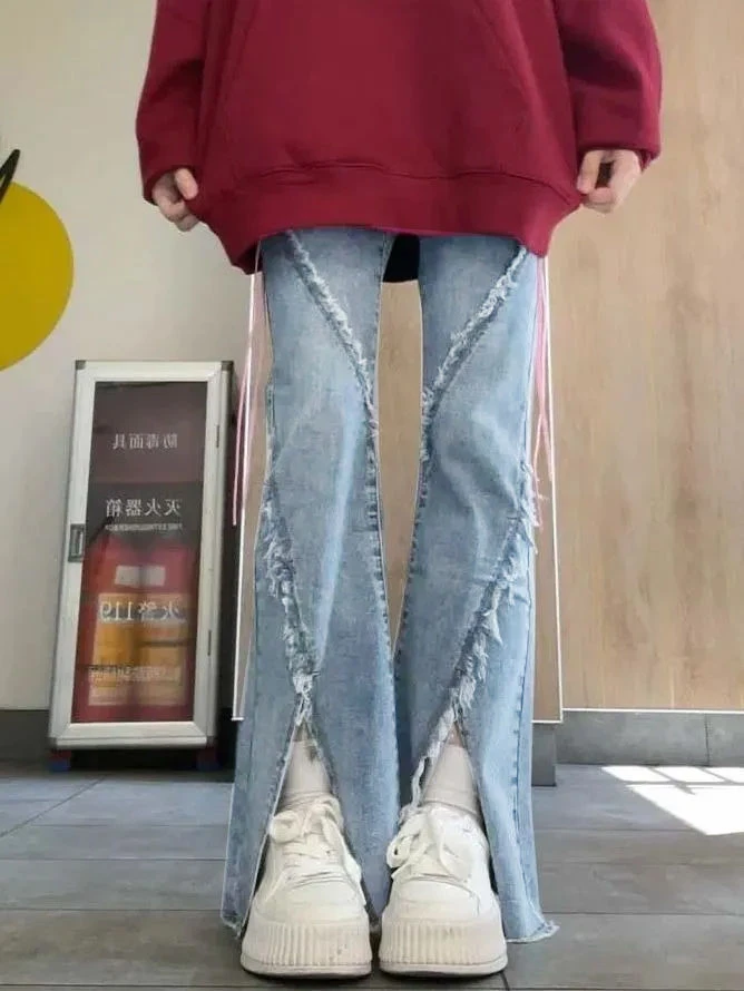 开叉微喇叭牛仔裤女冬季2024新款高腰显瘦小个子美式高街弹力裤子