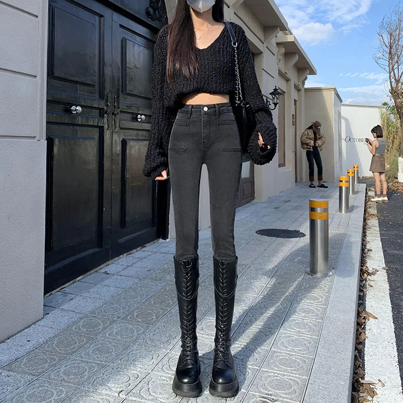 小脚牛仔裤女2024冬季小个子高腰时尚显瘦修身百搭紧身铅笔裤子潮