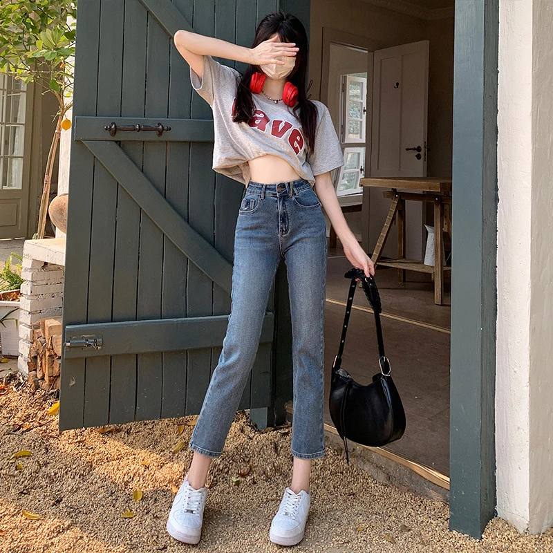 美式宽窄版春夏季新款直筒牛仔裤女高腰显瘦显高小个子九分烟管裤