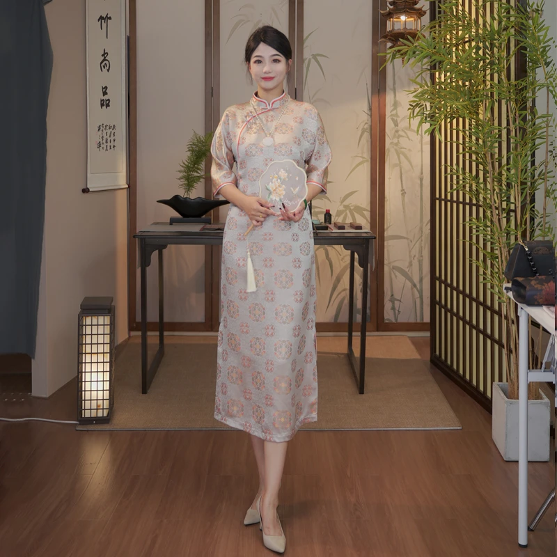 【宝相花】 提花真丝织锦缎桑蚕丝中式旗袍HQ2067