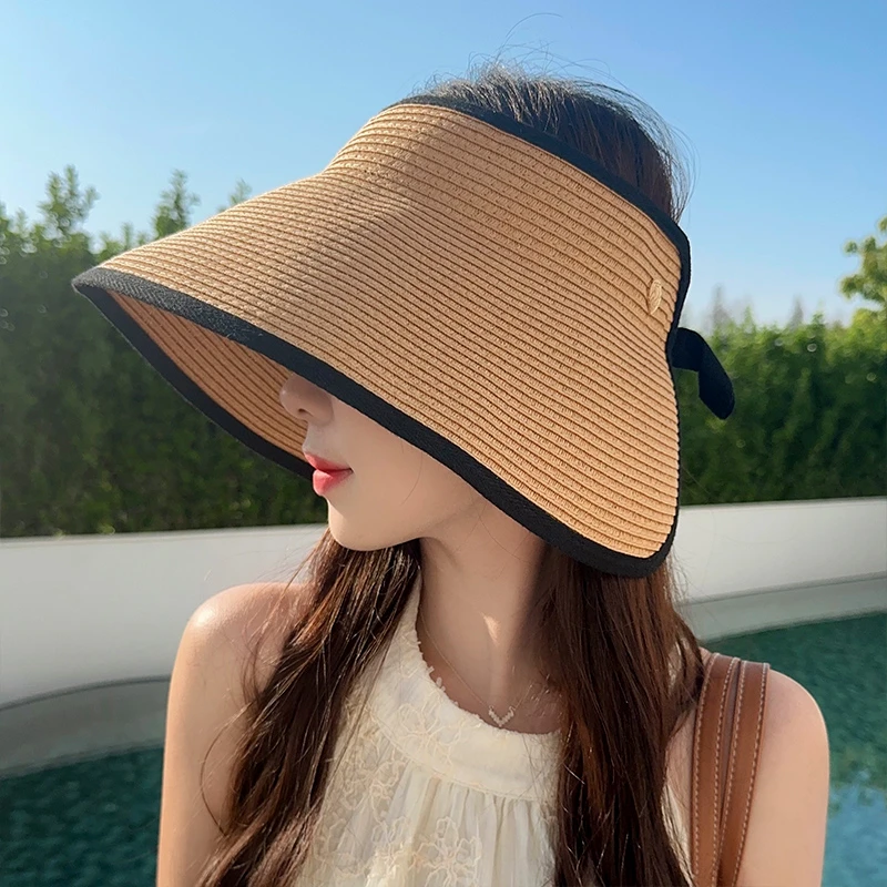 抗UV大檐防晒草帽女可折叠遮阳帽防紫外线空顶帽海边度假帽子夏季