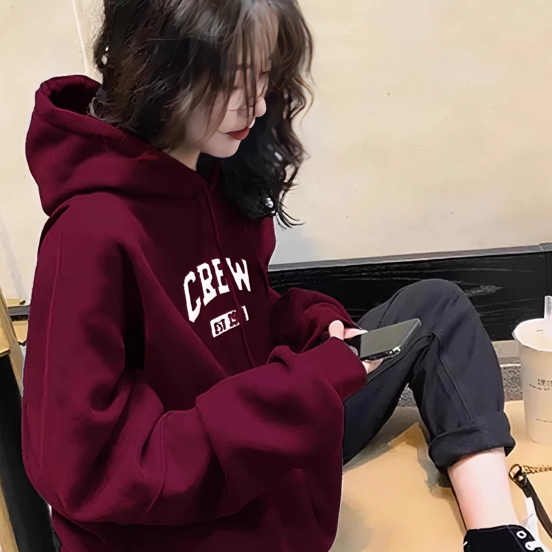 酒红色连帽卫衣外套女2025新款爆款长袖早秋返校穿搭带帽套头上衣