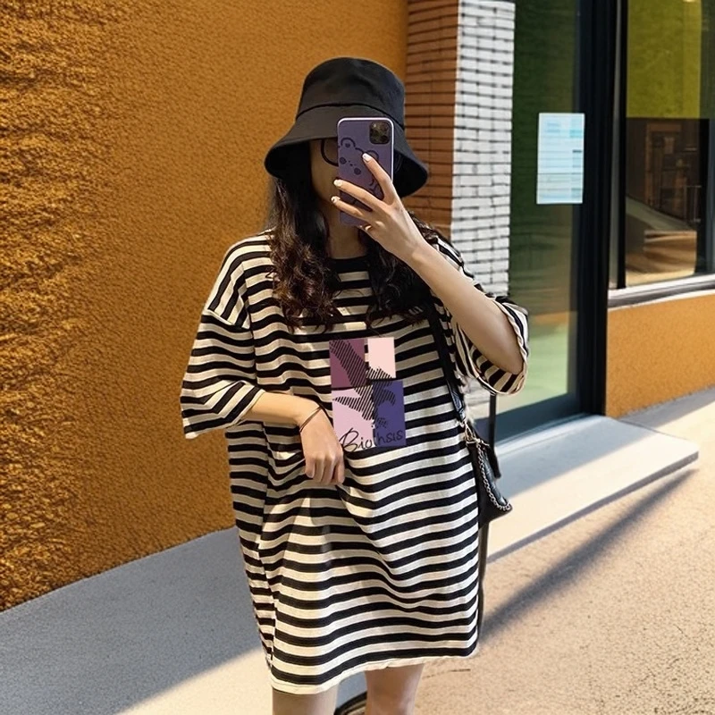 夏季百搭慵懒风T恤女棉质潮牌宽松下衣失踪半袖上衣ins中长连衣裙