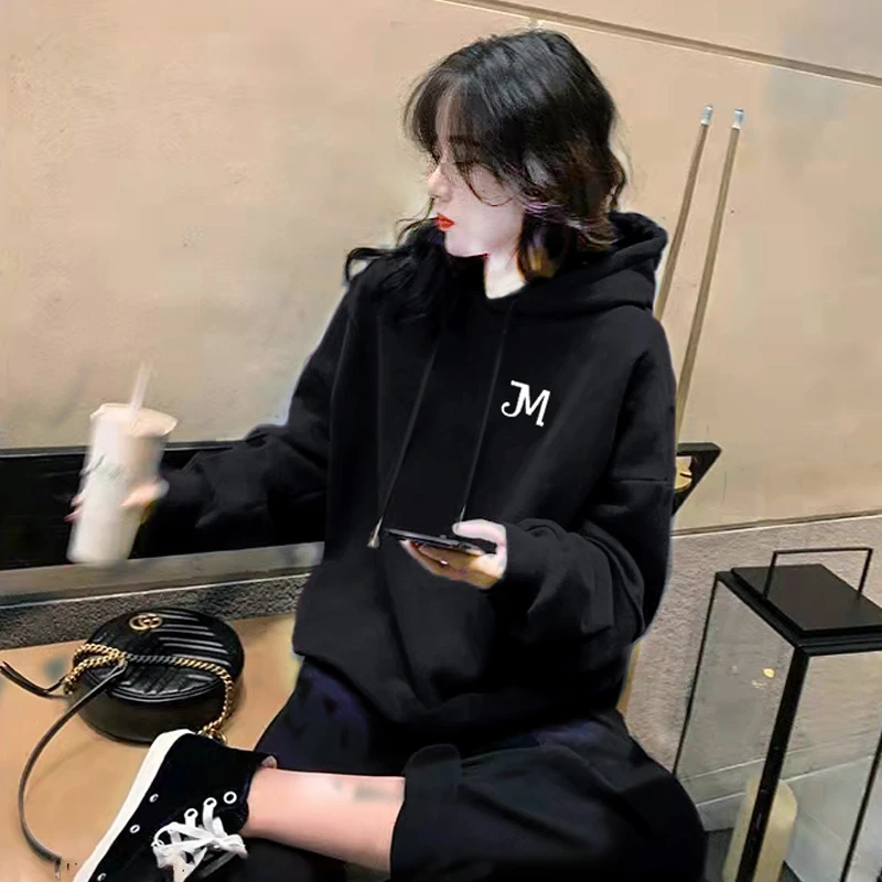 2025新款连帽加绒卫衣女秋冬正肩黑色爆款时尚洋气小个子外套上衣