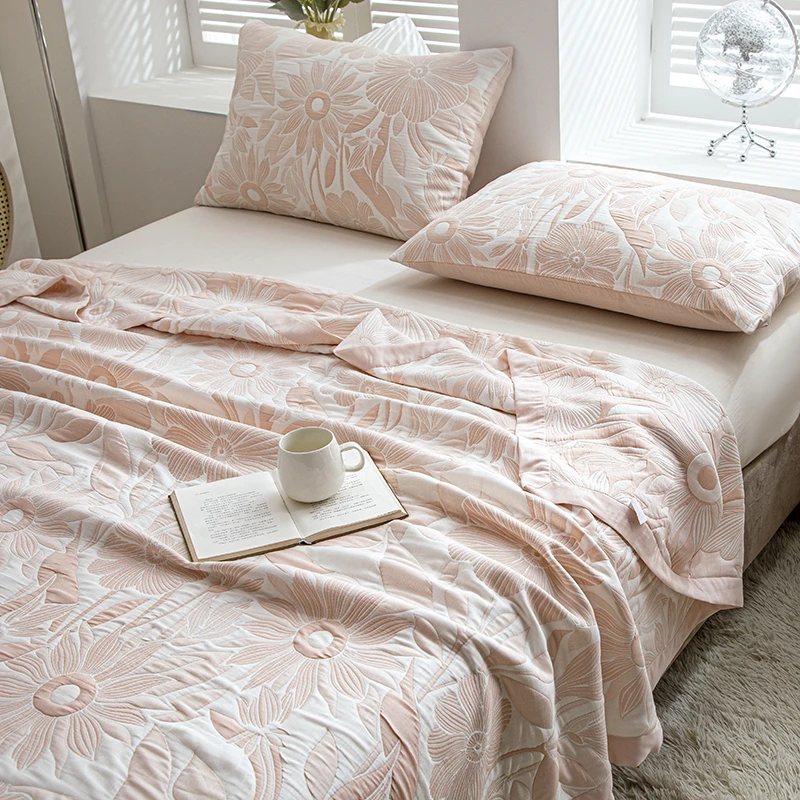 【韩国100%竹纤维三层纱布盖毯-竹叶花开】柔软多功能盖毯-gc