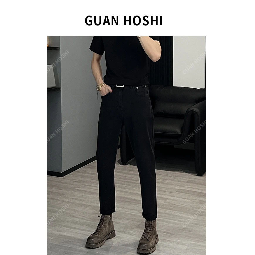 【冠什么希】秋季弹力牛仔裤子纯色锥形高级感小黑牛休闲长裤68713