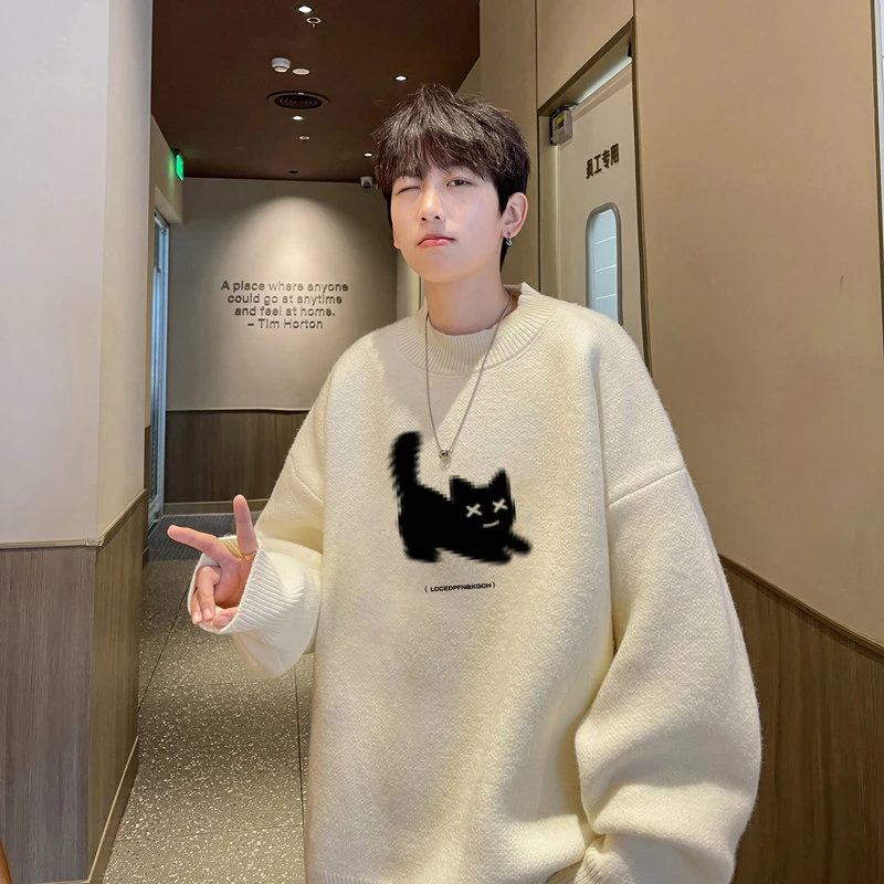 猫咪印花半高领毛衣男款冬季慵懒风美式复古大码针织衫外套打底衫