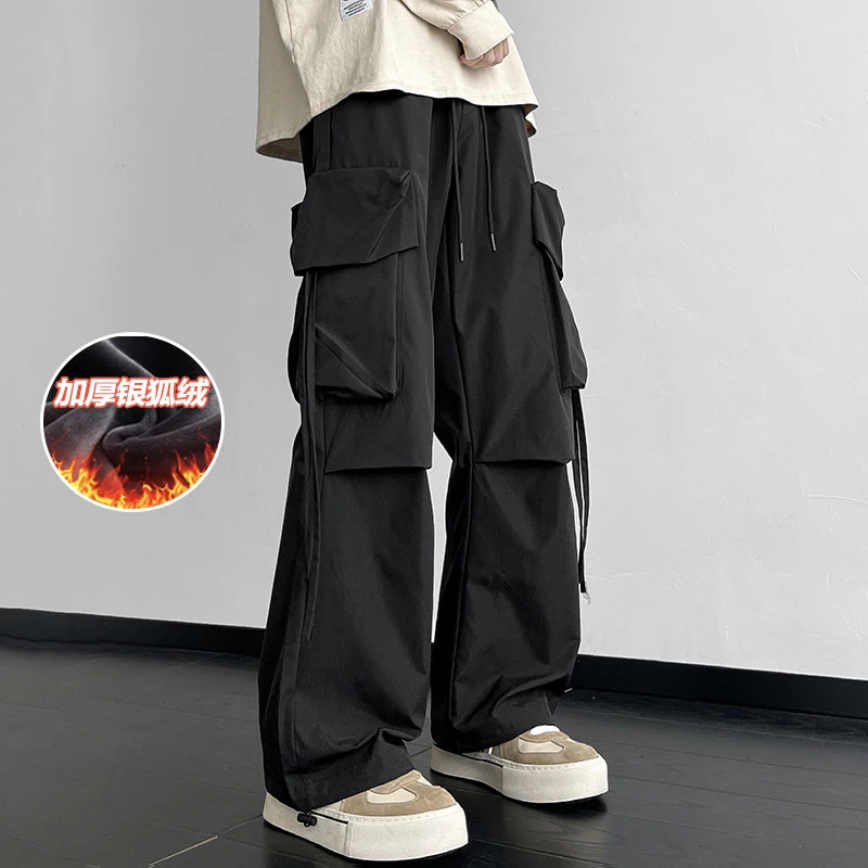 大码黑色美式工装裤男款冬季加绒大口袋机能风裤子高街潮牌冲锋裤