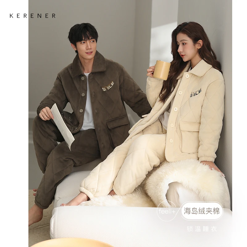 可人儿冬季海岛绒夹棉情侣睡衣可外穿加厚法兰绒情侣家居服套装