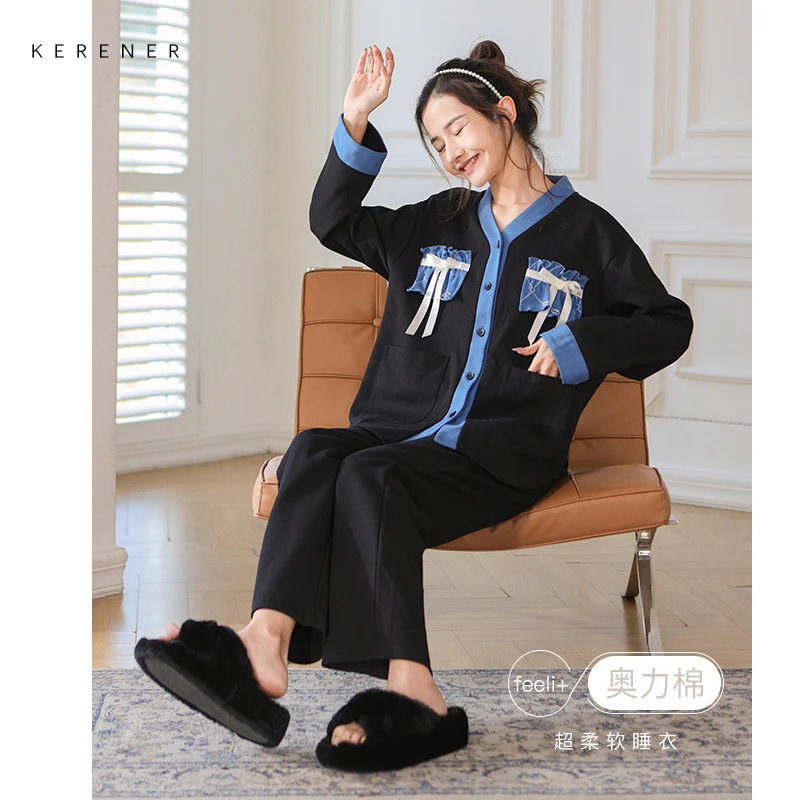 可人儿睡衣女春季新款长袖纯棉吸汗大妈宽松月子孕妇服外穿家居服