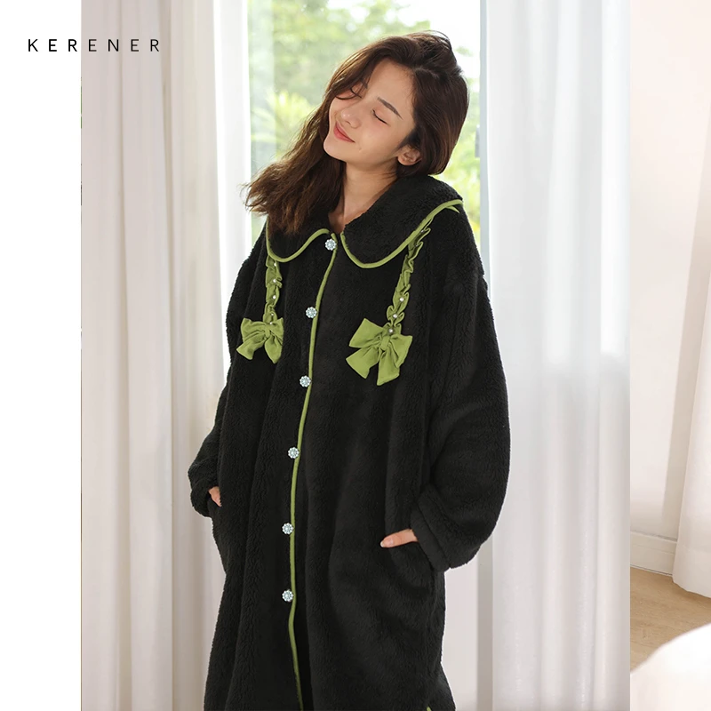 可人儿冬季保暖舒棉绒睡衣女中长款蝴蝶结睡袍珊瑚绒家居服两件套