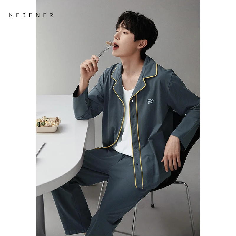 可人儿春秋季纯棉长袖男士睡衣韩版开衫大码青少年男款家居服套装