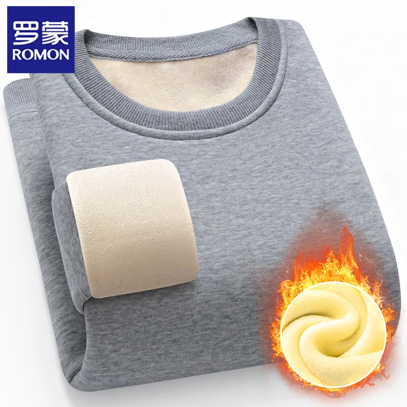 Romon/罗蒙圆领卫衣秋冬男士纯色百搭冬季重磅加绒加厚保暖外套潮