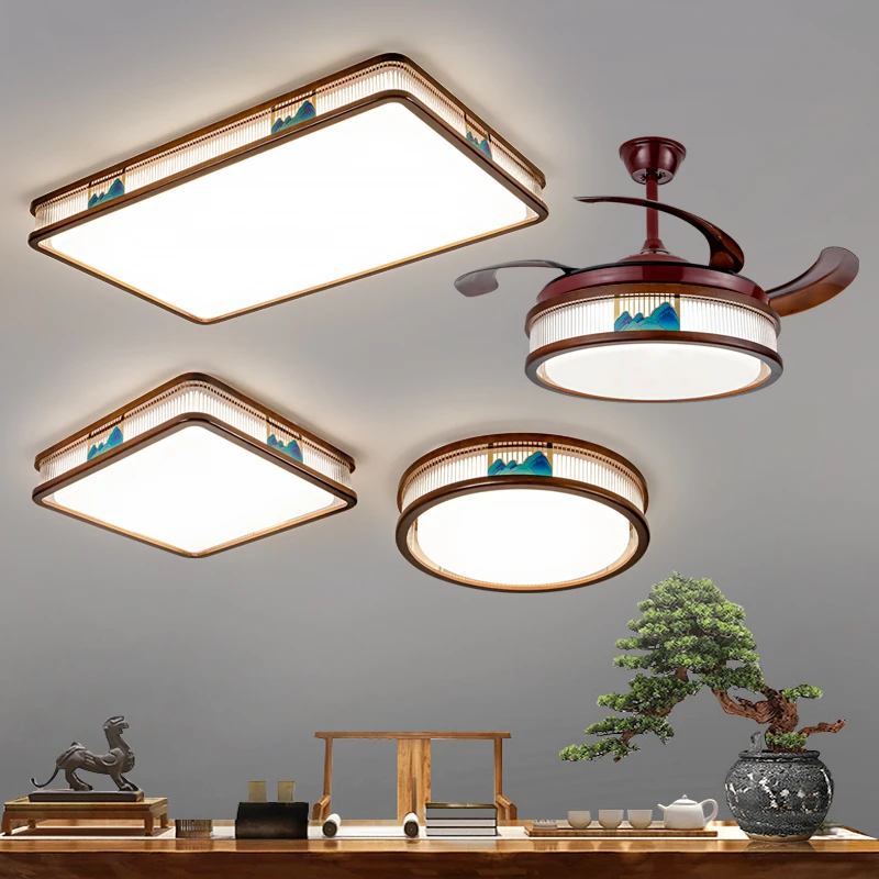 新中式铜加木吸顶灯简约中国风现代餐厅卧室灯