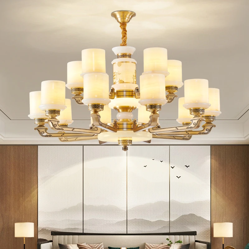 复式全铜玉石新中式大吊灯中国风禅意简约大气别墅家用客厅全铜灯