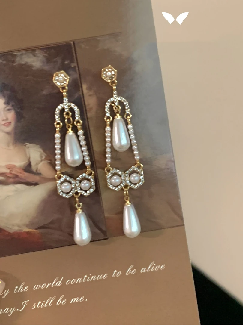 铜合金仿珍珠耳饰 法式宫廷风优雅珠珠耳环复古长款高级轻奢耳钉