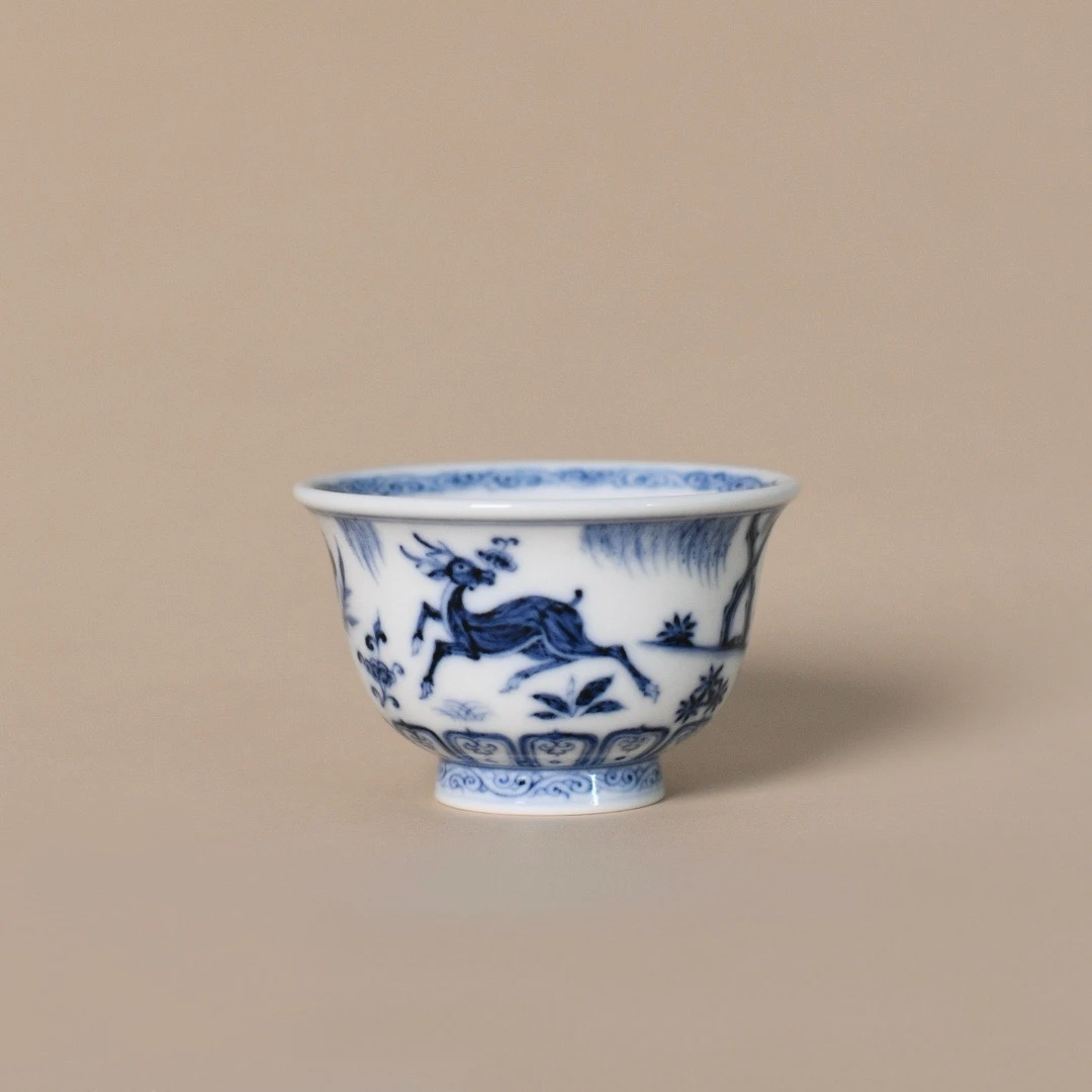 元研己 青花鹿纹 小 压手杯 手工手绘主人杯 景德镇烧制 容量80cc