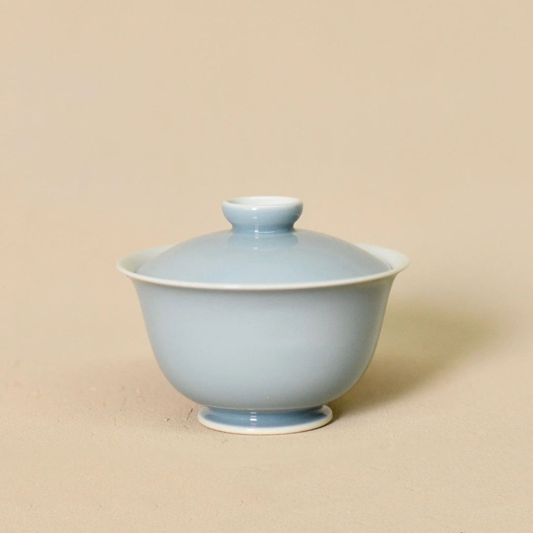 谷雨山房 天蓝釉 集圆盖碗 容量140ml  纯手工单色釉 景德镇烧制