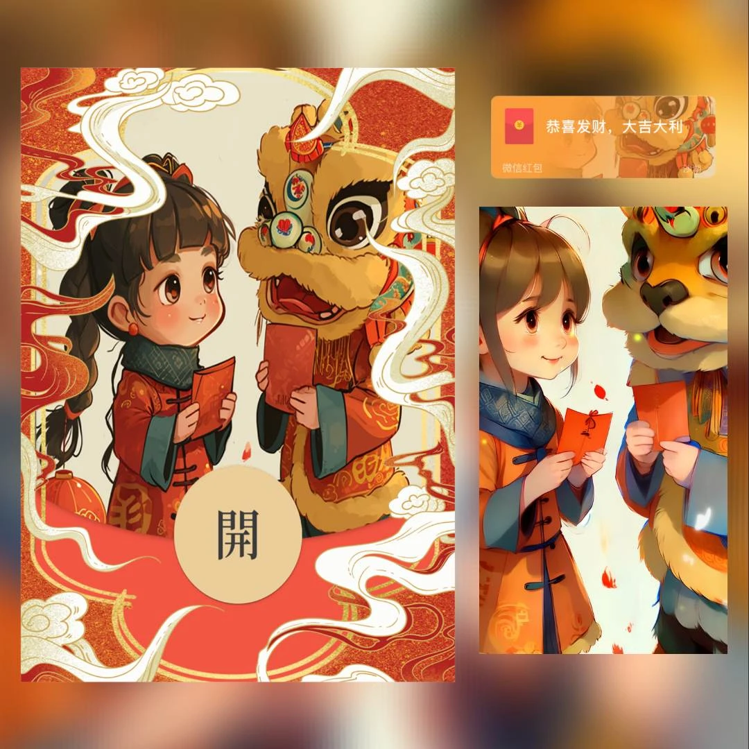 高端新年龙年国风喜庆舞龙舞狮女孩红包原创封面使用序列号