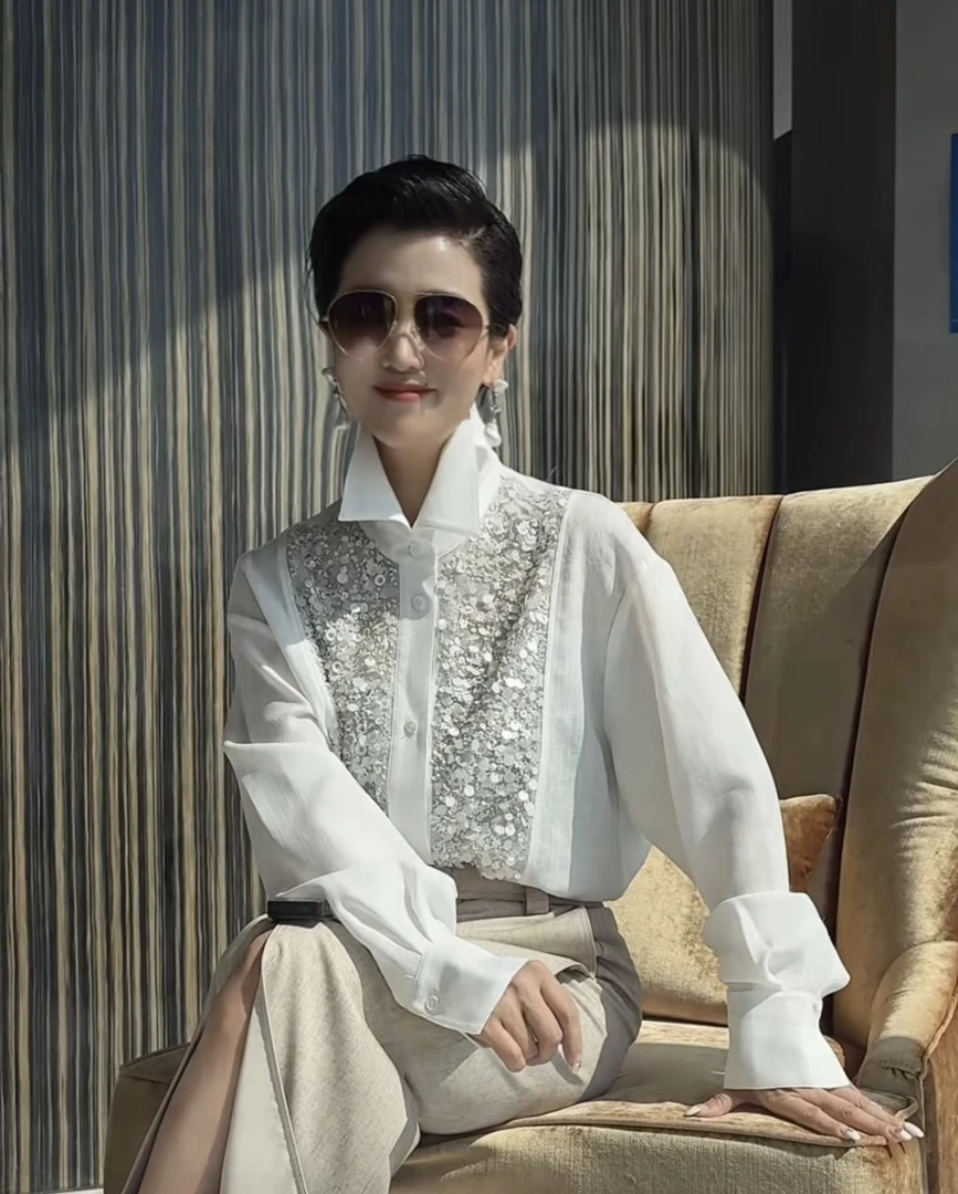 【顾文婷推荐】SHANG1上壹 拼接手工钻长袖衬衫 S24AT65SV