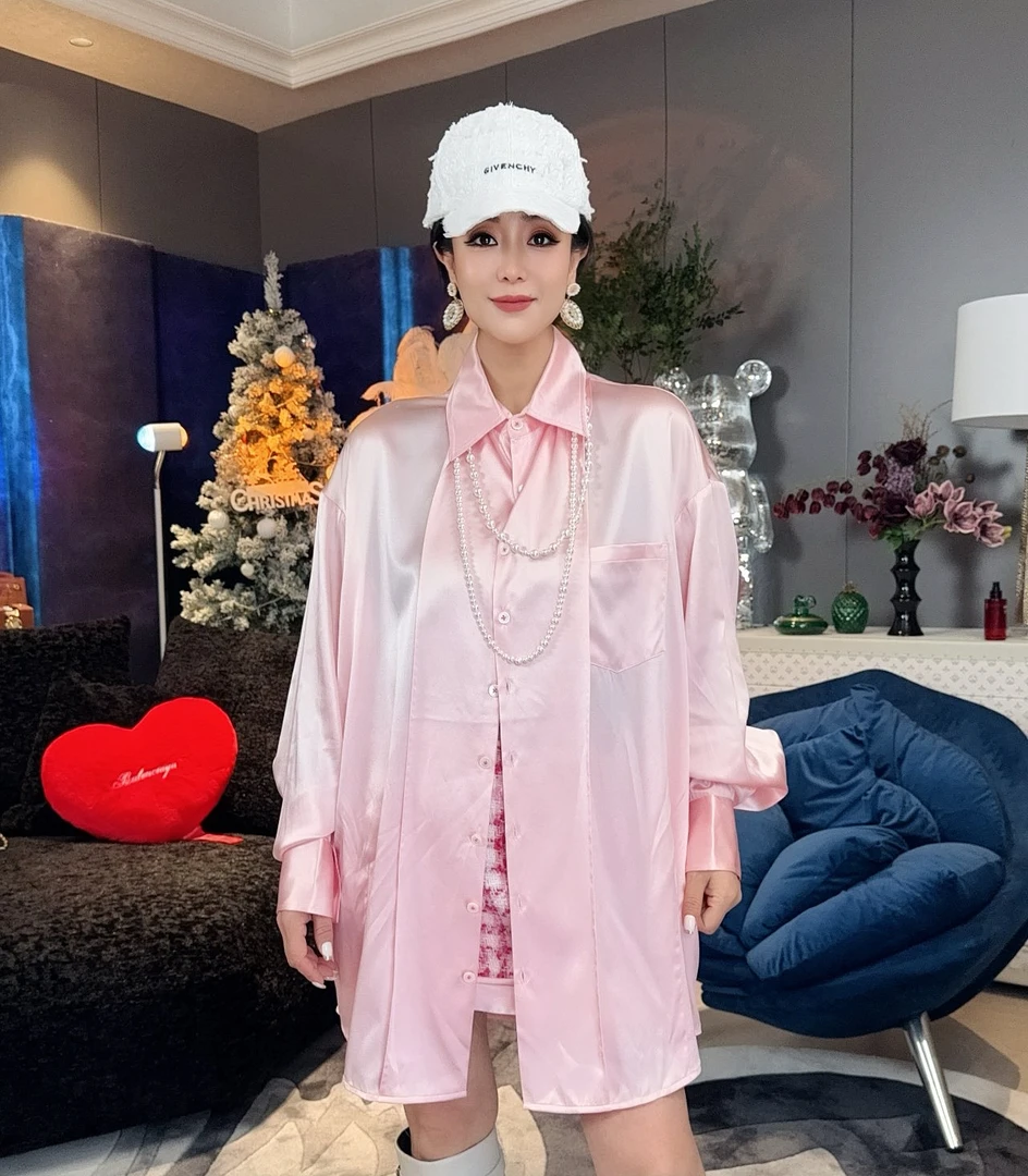 【顾文婷推荐】蒋云 粉色 真 丝倒梯形宽松 衬衫 E2G06089AA412