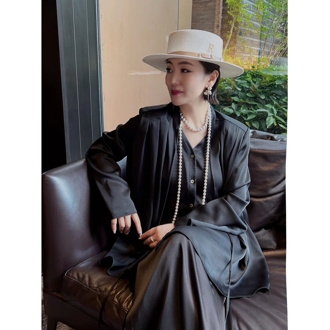 【顾文婷推荐】醋酸弹力缎压褶醋酸衬衫 GUUGOOS G23SS06004AA