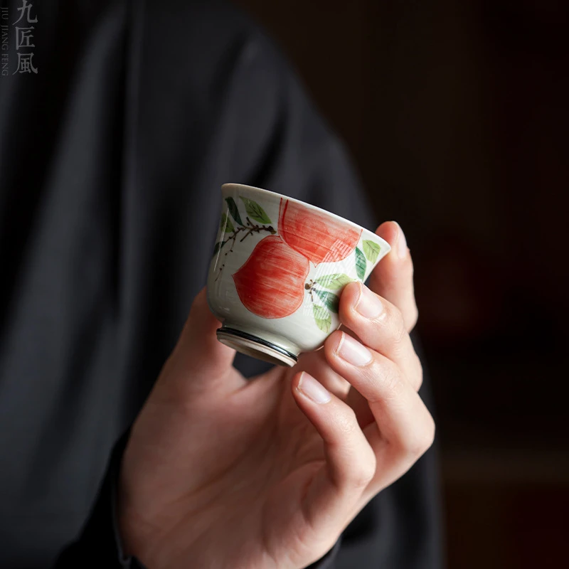 九匠风纯手绘品茗杯复古草木灰单杯主人杯家用陶瓷功夫茶具茶杯