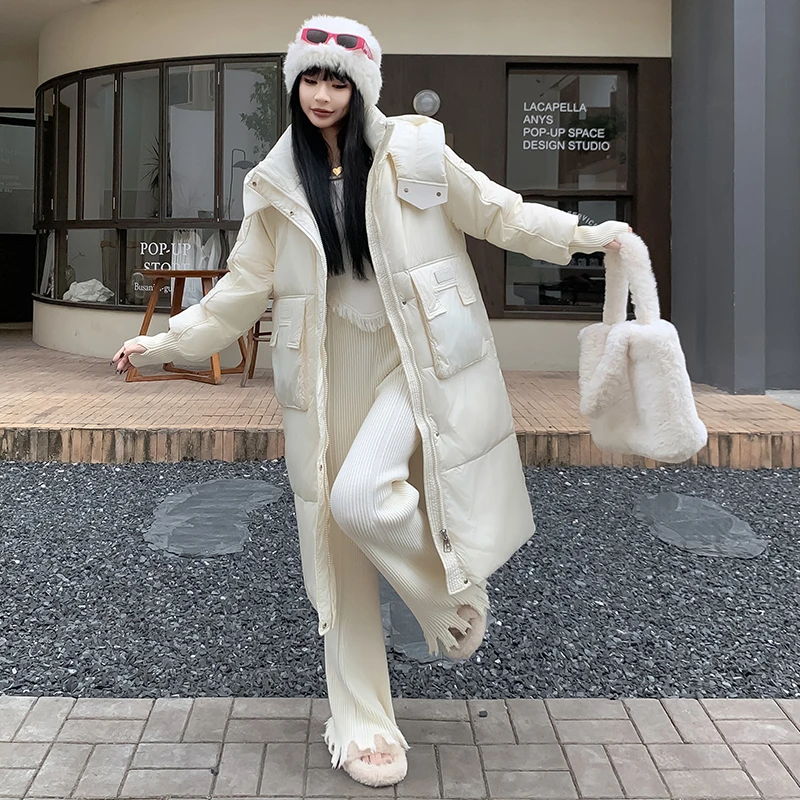 韩版长款羽绒服女2024新款过膝加厚连帽宽松大码冬季外套宽松