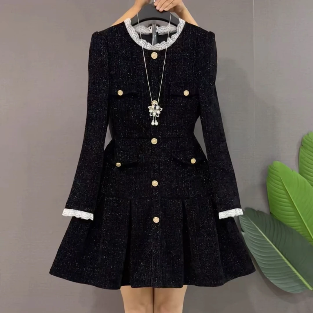 胖mm名媛气质小香风连衣裙春秋时尚遮肚显瘦大码高级感洋气裙子女