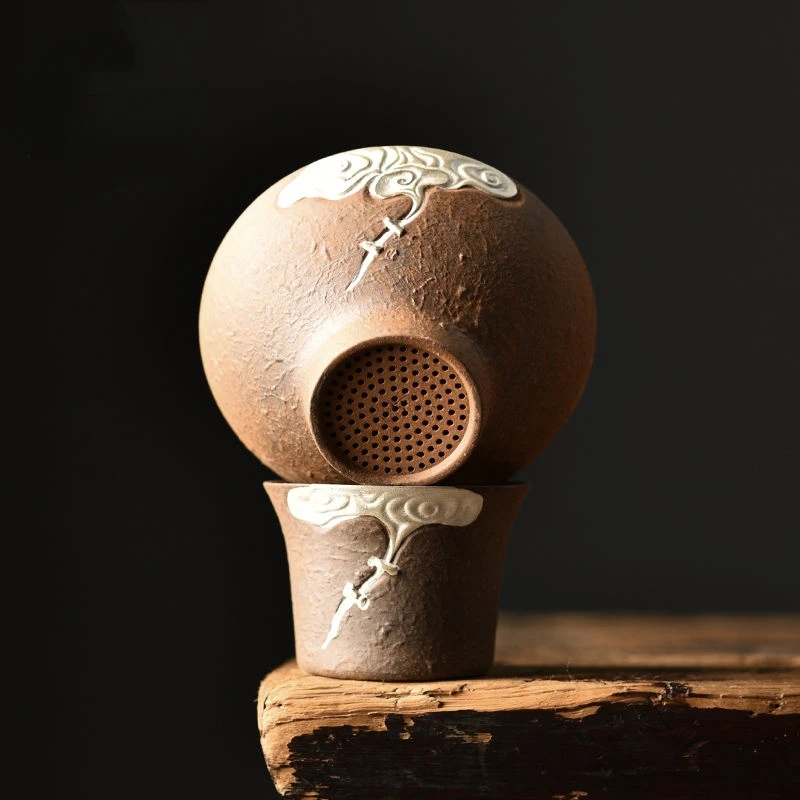 岩泥鎏银茶漏中式祥云浮雕过滤器复古原矿粗陶茶道配件茶叶过滤网