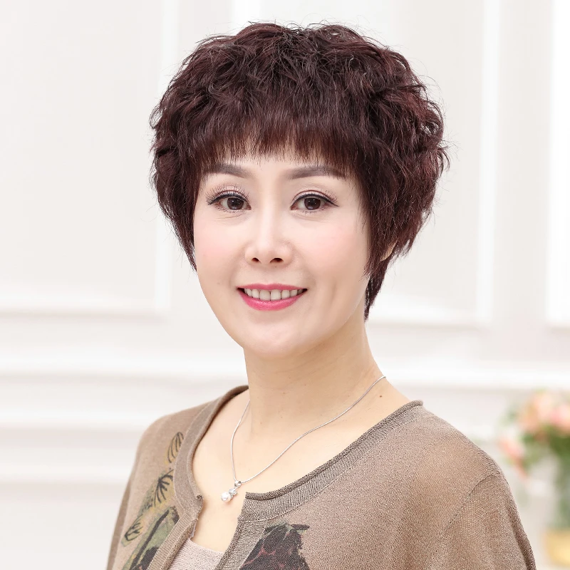 大面积头顶手工钩织全真人发丝妈妈短卷发真发中老年头套自然逼真