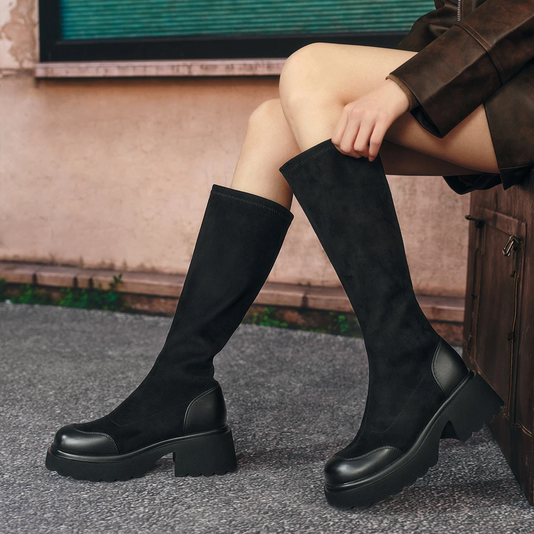 【百思图】弹力靴粗高跟 女款长靴 黑色/卡其色 M5201DG4