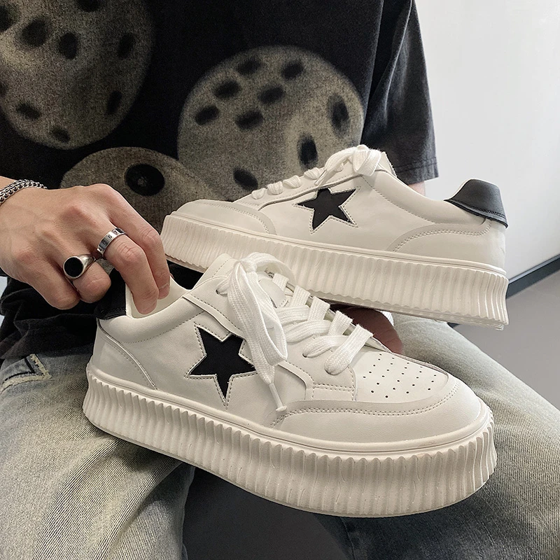夏季星星板鞋男低帮透气厚底增高滑板鞋子百搭真皮ins小白鞋男潮