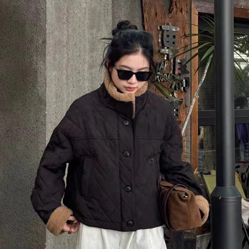 只发新疆  女士拼接羊羔绒菱格棉服外套简约时尚百搭  2472