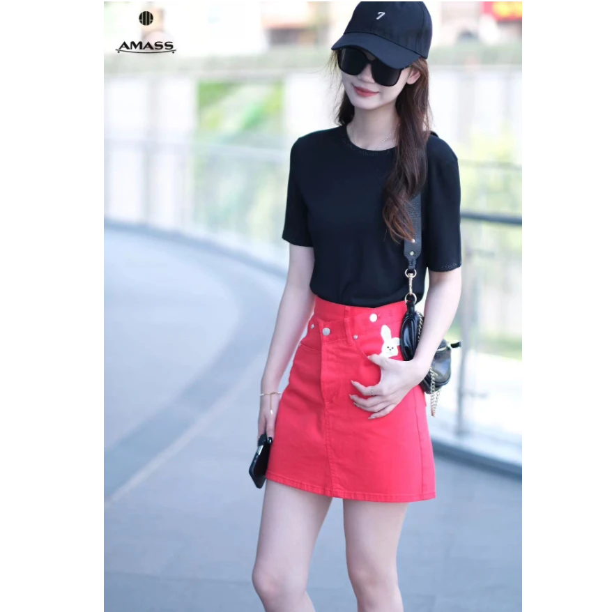 AMASS/阿玛施时尚洋气休闲百搭气质显瘦黑色纯色镶钻半袖5399706