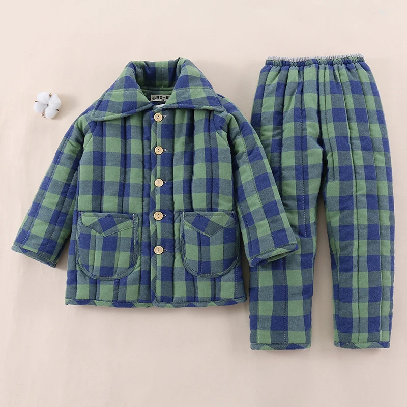 棉艺一都儿童秋冬季棉花保暖家居服男童女童三层夹棉手工加厚套装