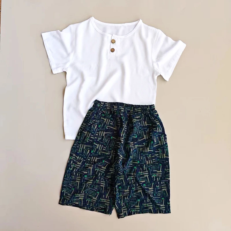 儿童夏季薄款短袖棉绸套装男童休闲时尚家居服大小童睡衣空调服