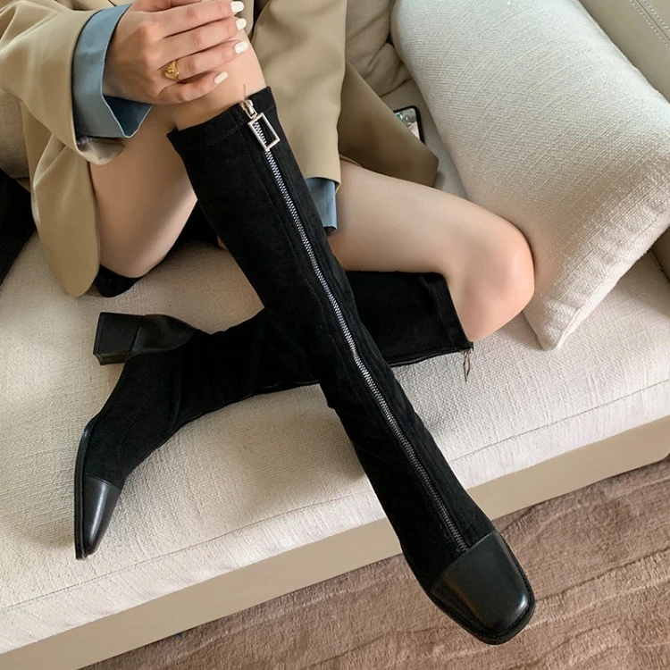 前拉链磨砂弹力长筒靴女粗跟真皮骑士高筒大码靴40方头卡其靴秋