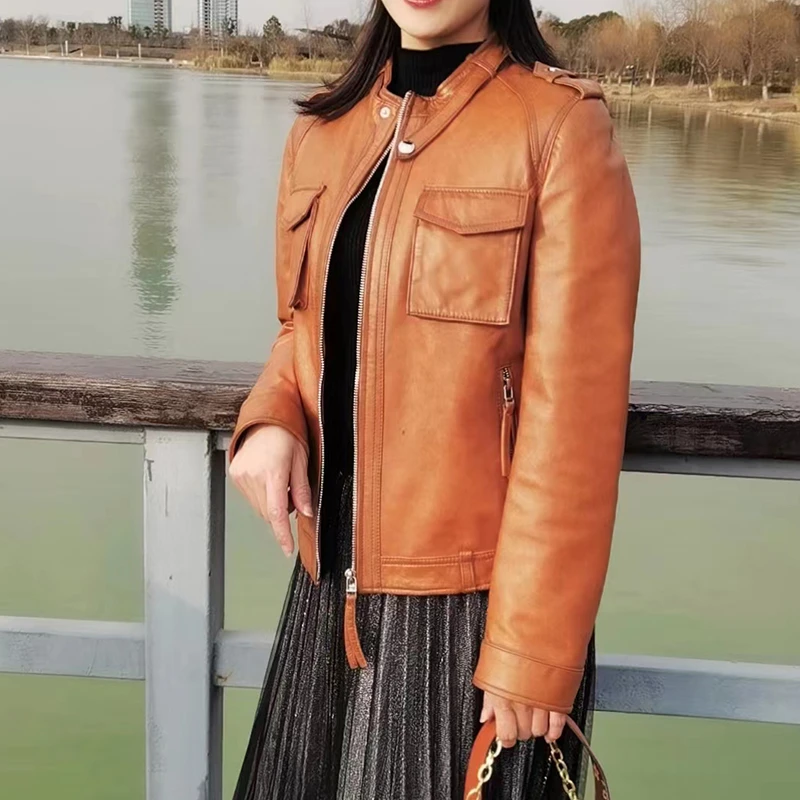 海宁皮衣女短款机车外套新款绵羊皮真皮皮夹克显瘦时尚立领百搭