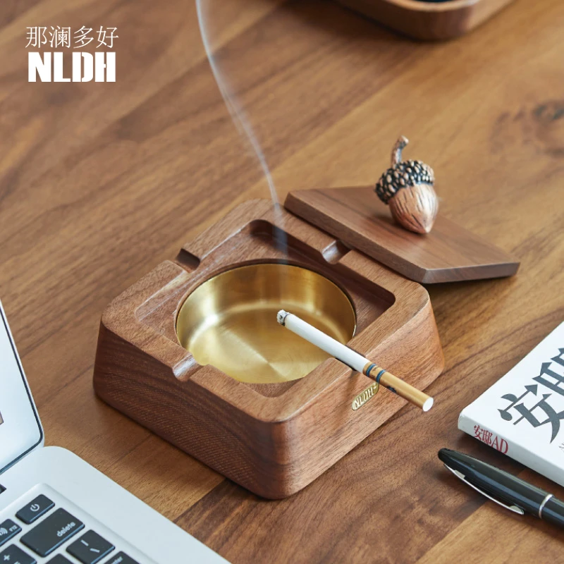 那澜多好黑胡桃木烟灰缸创意轻奢家用办公室实木带盖防飞灰烟灰缸