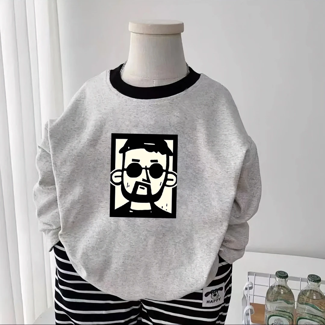 韩系宝宝可爱百搭圆领长袖t恤秋季新款男女童卡通拼色内搭打底衫