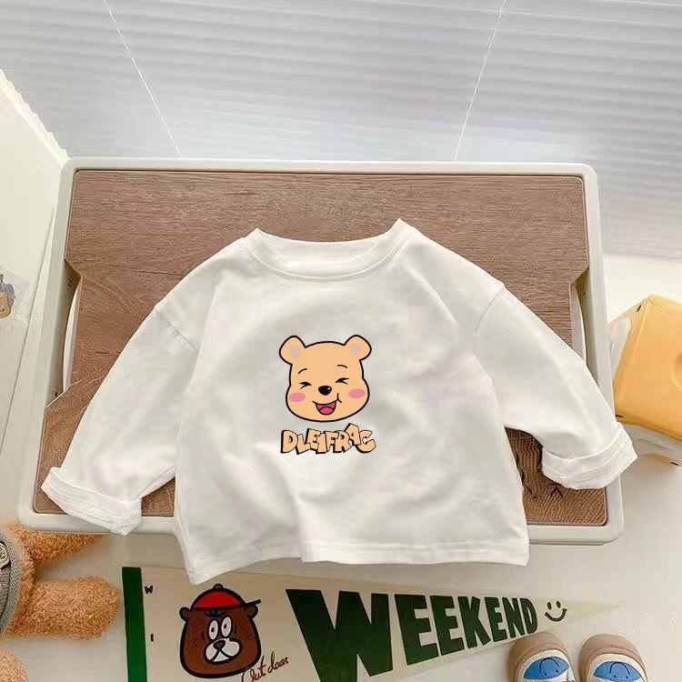 100%棉儿童长袖t恤2025春秋新款时尚白色印花上衣男女童打底衫潮T