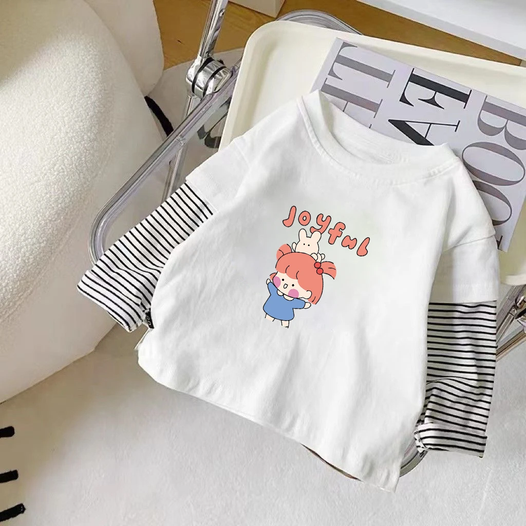 男女童假两件春秋新款纯棉长袖T恤条纹拼接韩版卡通宝宝上衣潮