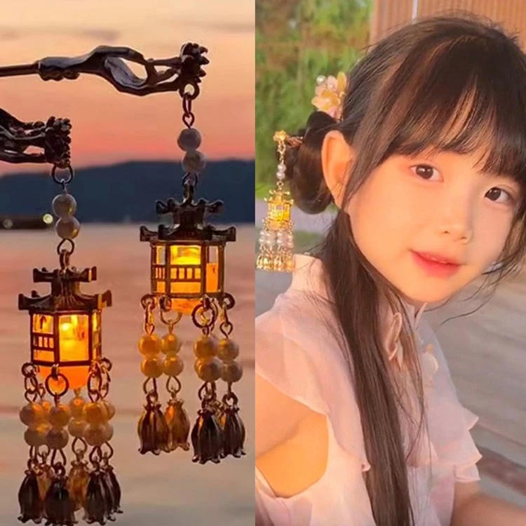 合金发饰 会发光的流苏灯笼发簪儿童古风宫灯女盘发步摇发饰发钗