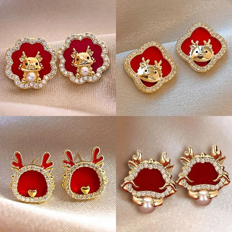 合金耳饰 红色生肖龙年耳钉新款爆款小巧精致耳环轻奢高级ins气质
