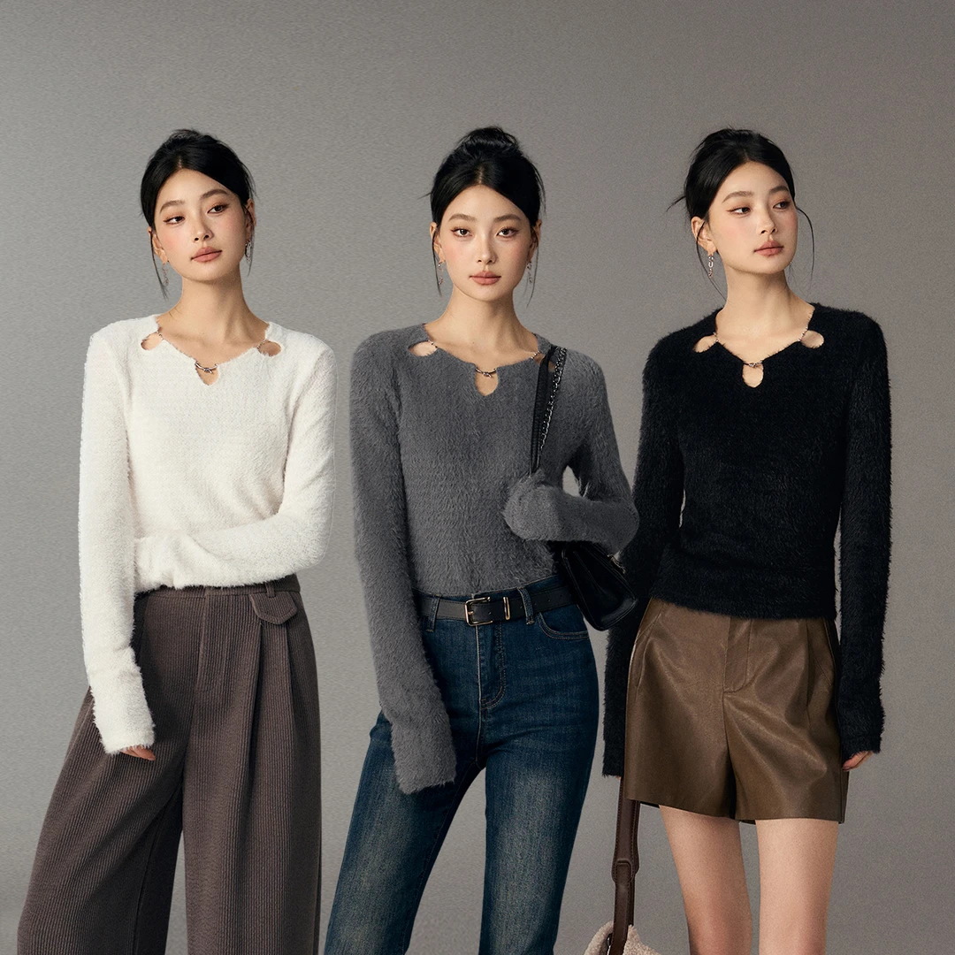 镂空锁骨链圆领T恤修身百搭气质上衣女 RA234SZ0126