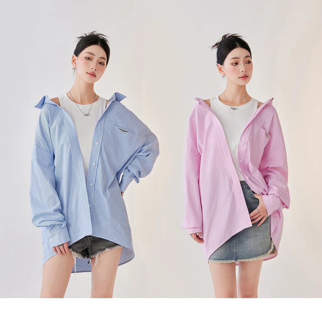 条纹拼接露肩慵懒假两件宽松衬衫 RA232SZ0189
