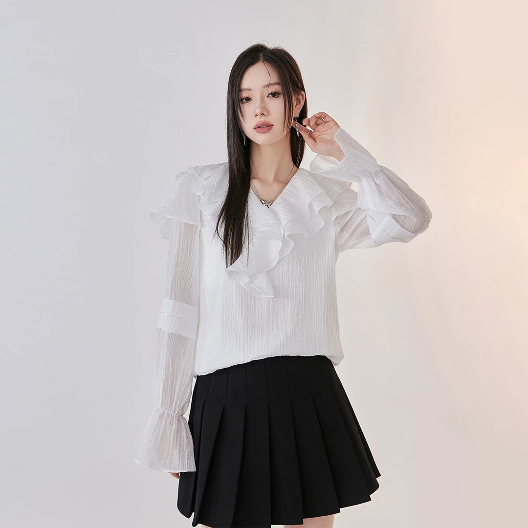 荷叶边衬衫打褶设计肌理感基础宽松衬衣 RA231SZ0052
