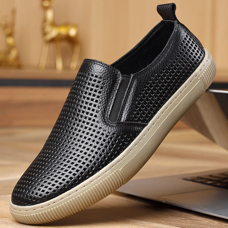 2593渡诺班尼头层牛皮镂空休闲鞋真皮透气软底夏季男士百搭凉皮鞋