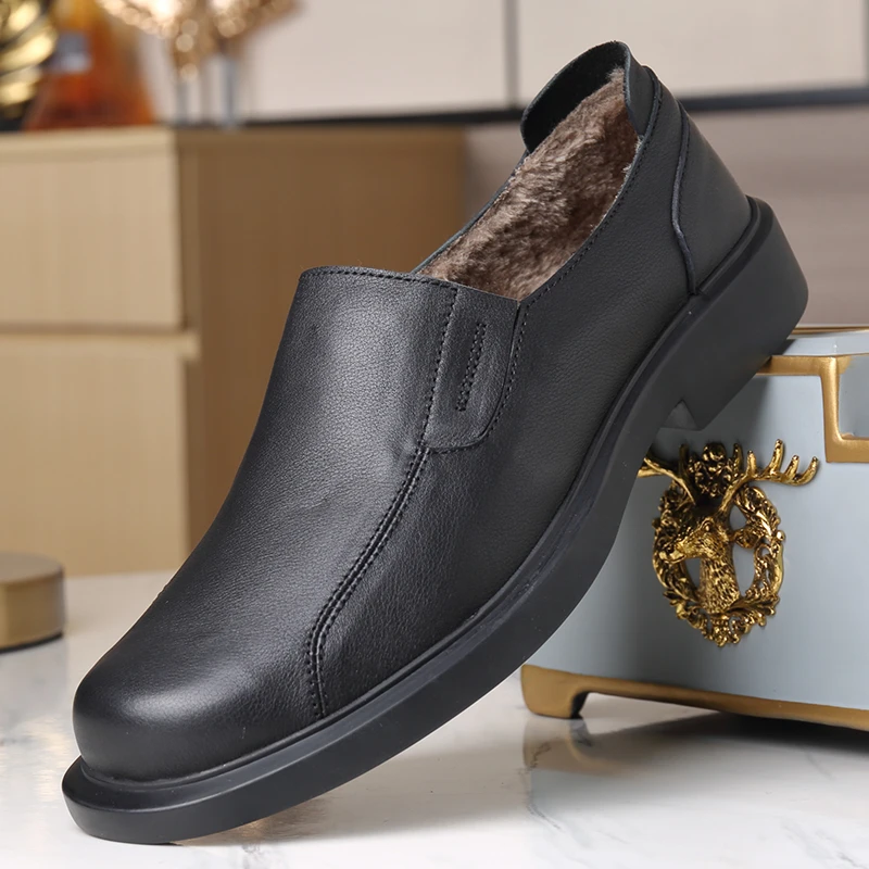 6298渡诺班尼冬季加绒休闲皮鞋男头层牛皮一脚蹬真皮男士爸爸鞋